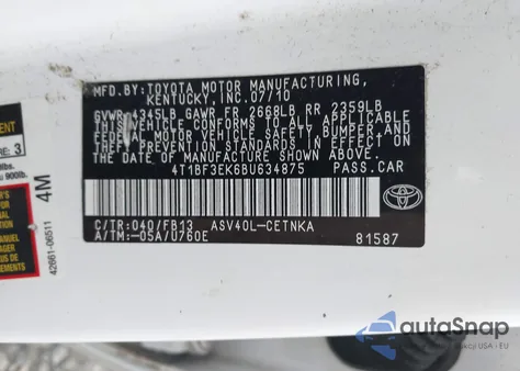 2011 Toyota Camry Le из США, поврежденный, VIN 4T1BF3EK6BU634875